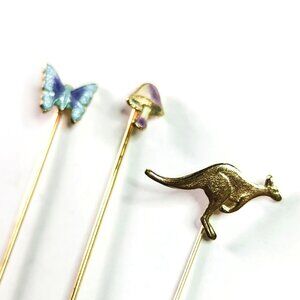 Vintage Gold-Tone Stick Pins With Butterfly Mushroom Kangaroo Designs